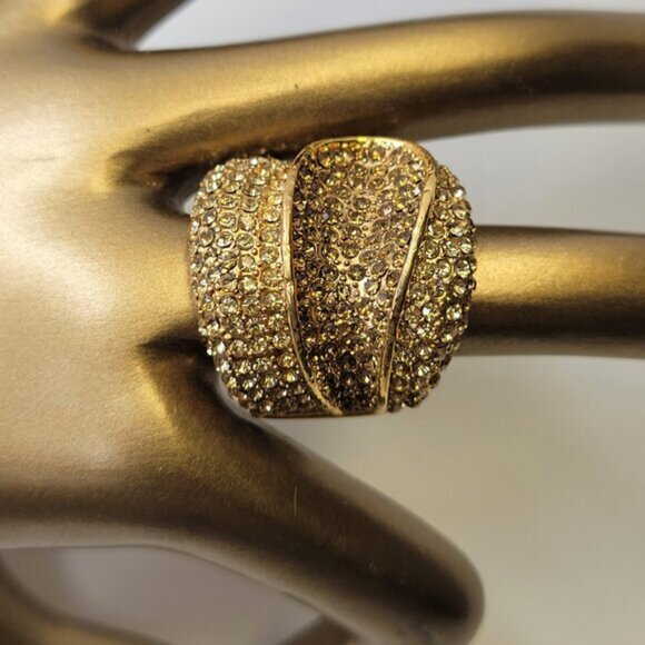 Two Tone Gold and Amber Color Wide Ring Concave Design with Rhinestones Size 6.5 - Picture 14 of 14